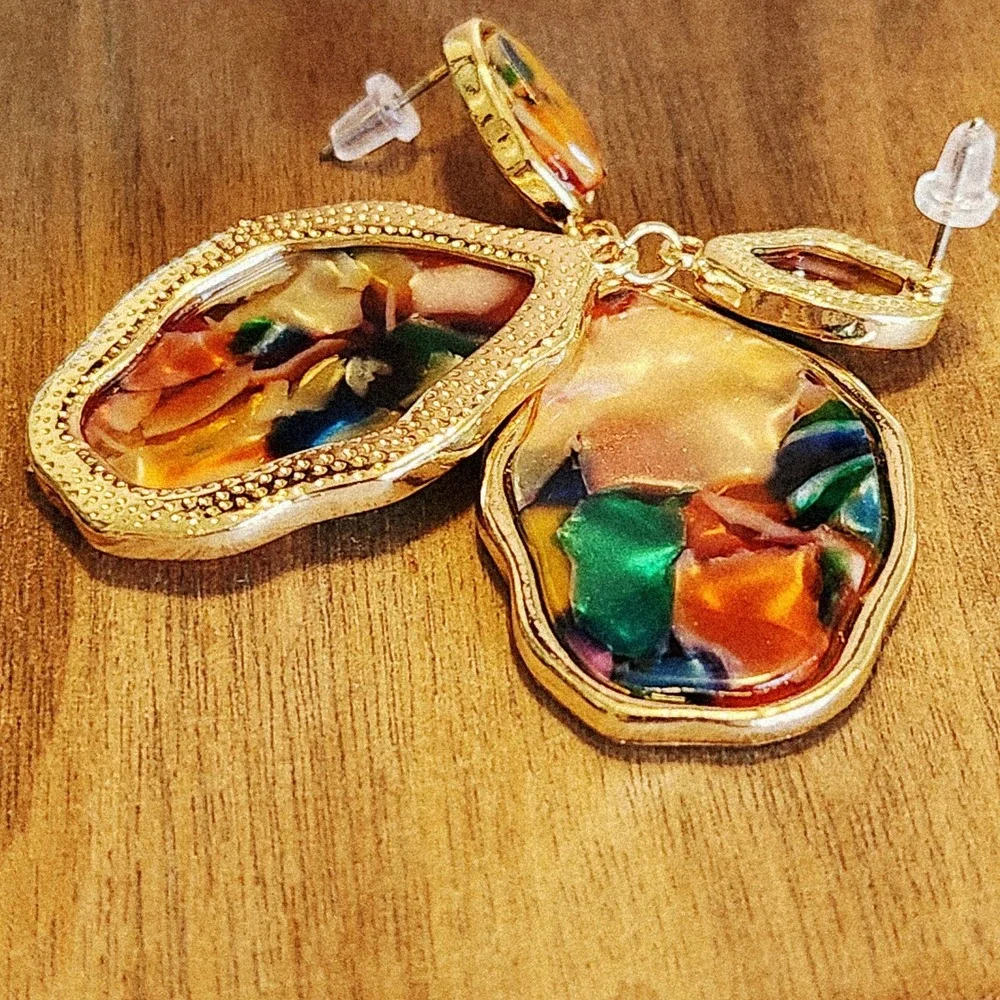 Multicolor Resin Mosaic Gold Tone Organic Shape Drop Dangle Earrings Statement